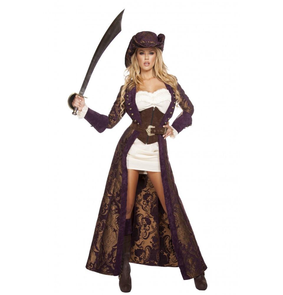 Women's pirate costume, purple brocade coat, view 3